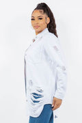 American Bazi Distressed Button Up Long Sleeve Denim Jacket - Hovatok