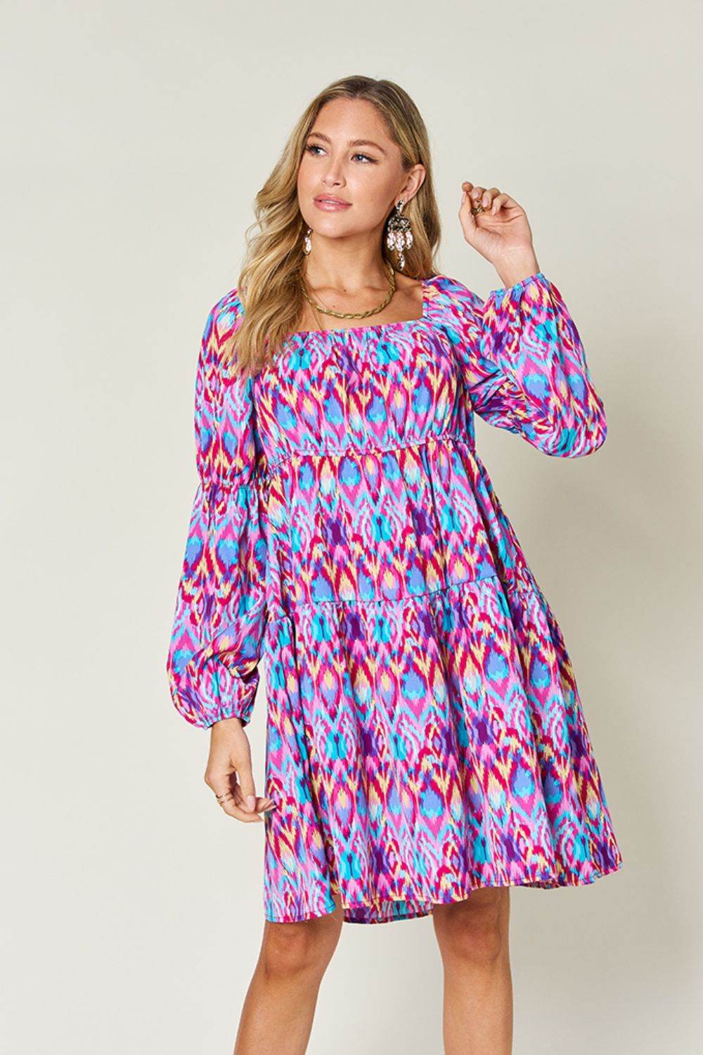 Double Take Full Size Printed Long Sleeve Dress - Hovatok
