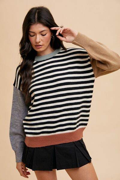 Annie Wear Striped Color Block Round Neck Sweater - Hovatok