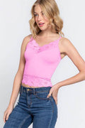 ACTIVE BASIC V-Neck Lace Detail Ribbed Seamless Cami - Hovatok