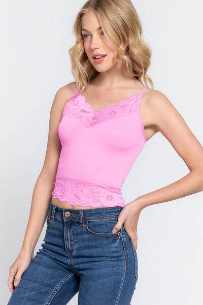 ACTIVE BASIC V-Neck Lace Detail Ribbed Seamless Cami - Hovatok