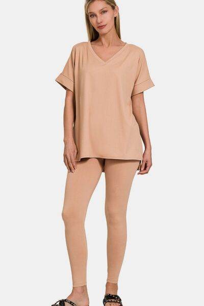 Zenana Full Size V-Neck Rolled Short Sleeve T-Shirt and Leggings Lounge Set - Hovatok