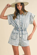 Annie Wear Elastic Waistband Short Sleeve Denim Romper - Hovatok