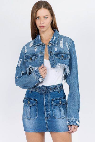 American Bazi Distressed Denim Jacket with Frayed Hem - Hovatok