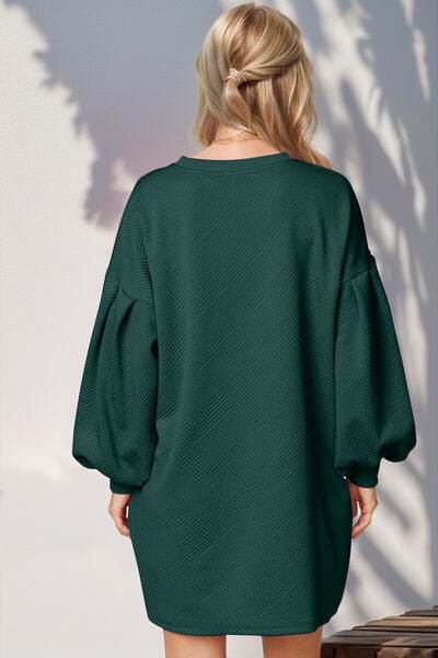 Double Take Drop Shoulder Lantern Sleeve Texture Mini Dress with Pockets - Hovatok