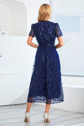 Sequin Leaf Embroidery Tie Front Short Sleeve Dress - Hovatok
