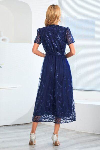 Sequin Leaf Embroidery Tie Front Short Sleeve Dress - Hovatok