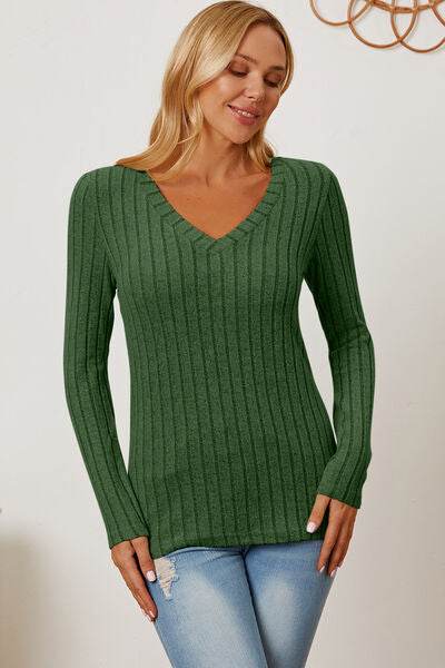 Basic Bae Full Size Ribbed V-Neck Long Sleeve T-Shirt - Hovatok