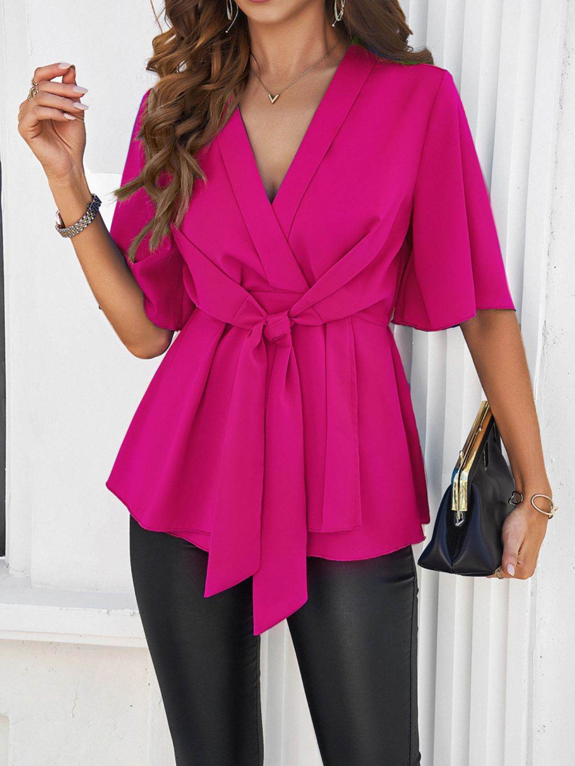 Devine Tied Front Peplum Blouse - Hovatok