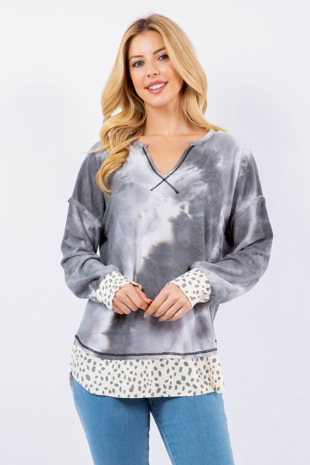 Celeste Full Size Contrast Stitching Notched Dropped Shoulder Blouse - Hovatok