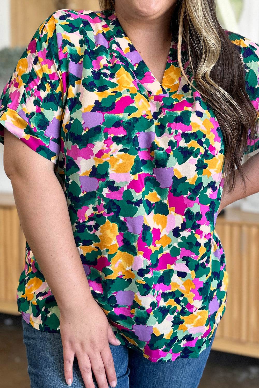 Double Take Full Size Printed V-Neck Short Sleeve Side Slit Top - Hovatok