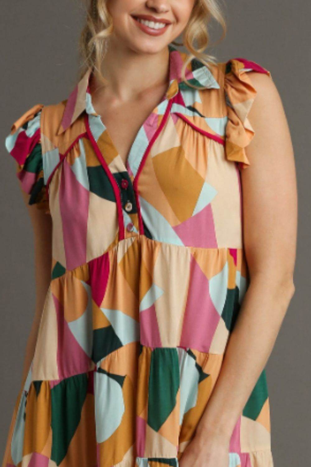 Umgee Full Size Button Detail Ruffle Sleeve Mini Dress Plus Size - Hovatok