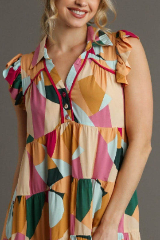 Umgee Full Size Button Detail Ruffle Sleeve Mini Dress Plus Size - Hovatok