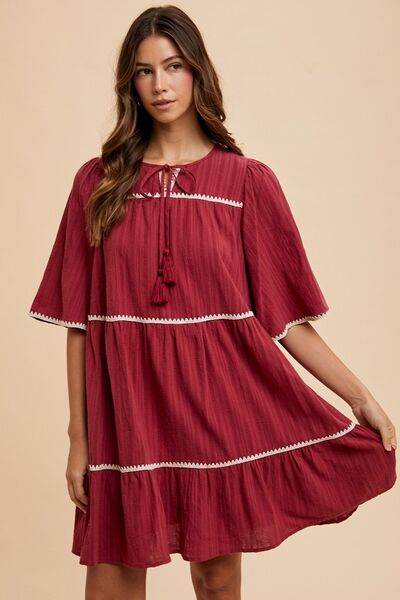 Annie Wear Tassel Contrast Trim Tie Neck Half Sleeve Tiered Dress - Hovatok