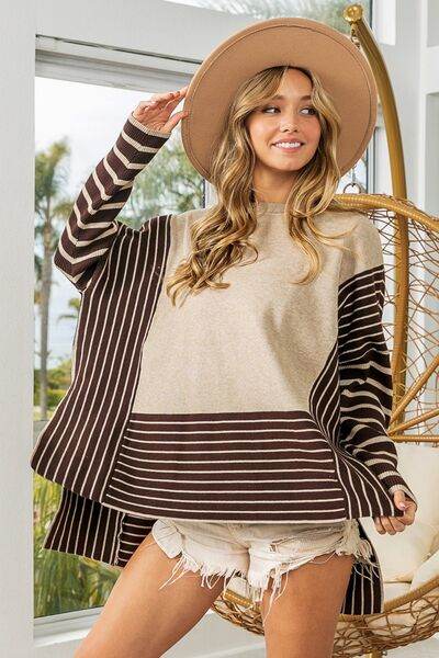 BiBi Striped Contrast Long Sleeve Slit Top - Hovatok