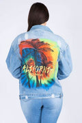 American Bazi Full Size Painted Back Distressed Denim Jacket - Hovatok