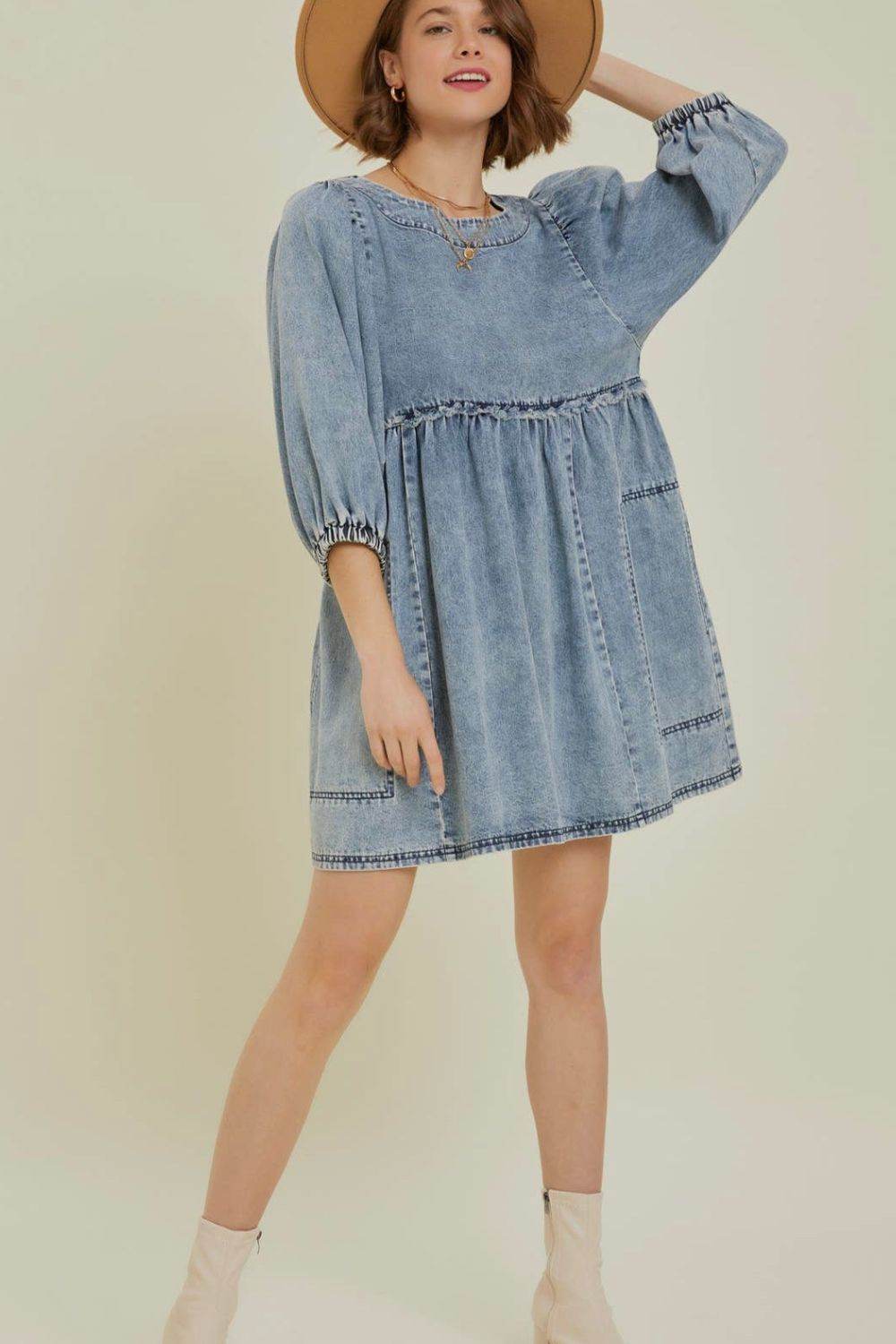 Cutout Round Neck Balloon Sleeve Denim Dress - Hovatok