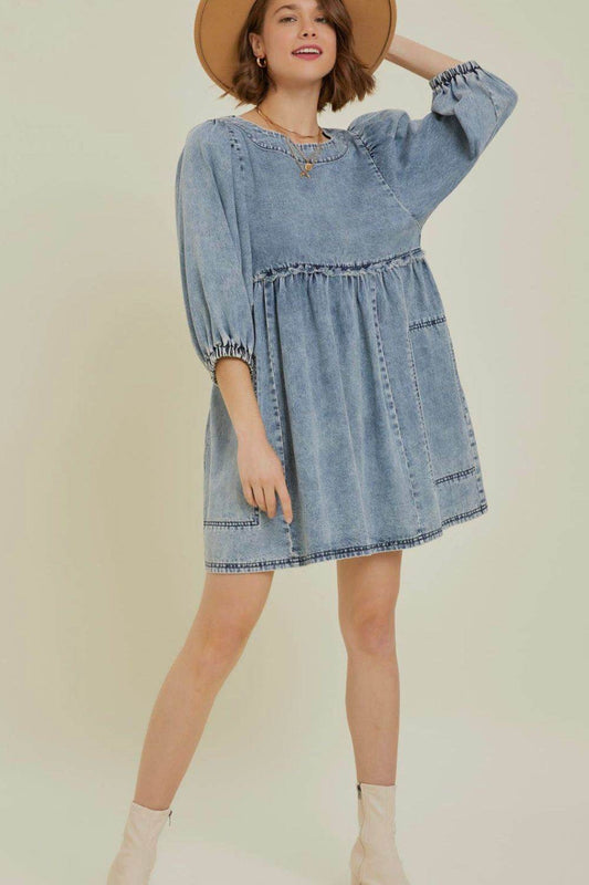 Cutout Round Neck Balloon Sleeve Denim Dress - Hovatok