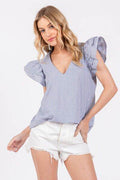 Ces Femme Striped V-Neck Ruffled Cap Sleeve Blouse - Hovatok