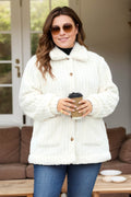 Plus Size Collared Neck Button Down Fuzzy Outerwear - Hovatok