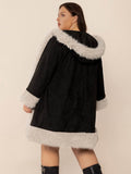 Plus Size Fuzzy Trim Open Front Long Sleeve Hooded Coat - Hovatok