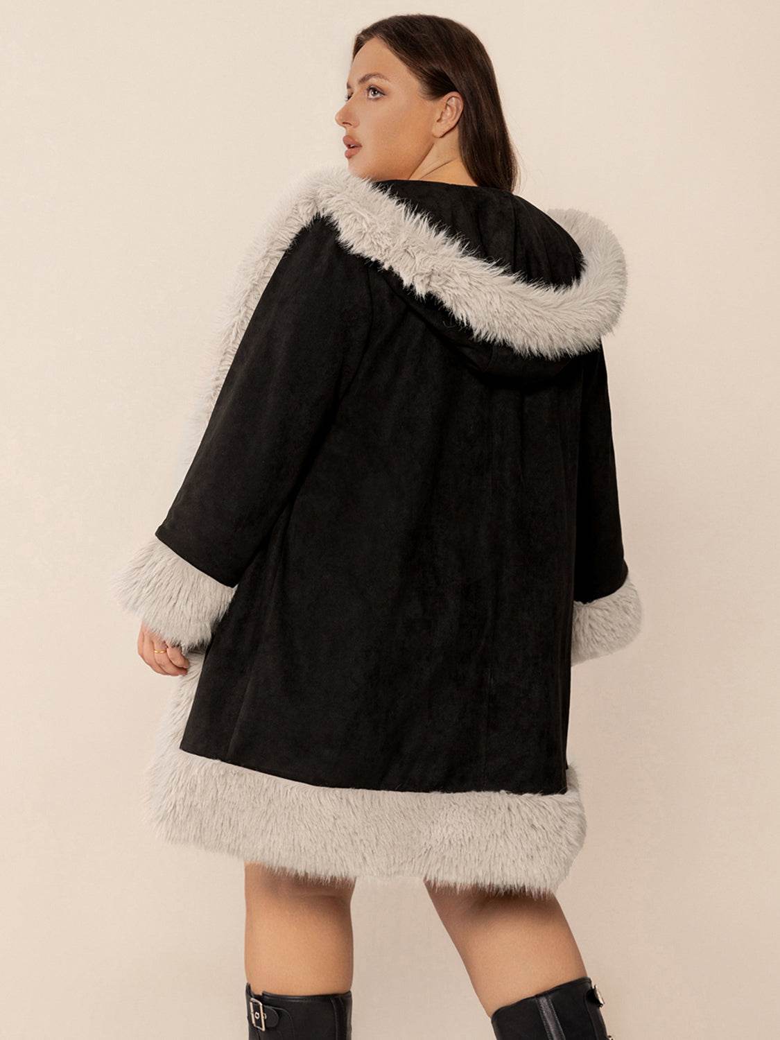 Plus Size Fuzzy Trim Open Front Long Sleeve Hooded Coat - Hovatok