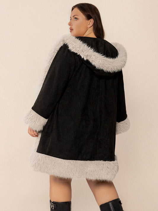 Plus Size Fuzzy Trim Open Front Long Sleeve Hooded Coat - Hovatok