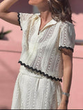 Contrast Trim Openwork Short Sleeve Top and Skirt Set - Hovatok