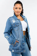 American Bazi Full Size Button Up Distressed Denim Jacket - Hovatok