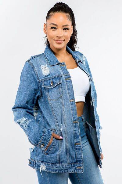 American Bazi Full Size Button Up Distressed Denim Jacket - Hovatok