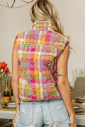 BiBi Quilted Washed Plaid Snap Down Vest - Hovatok
