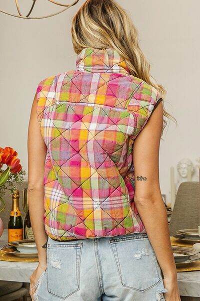BiBi Quilted Washed Plaid Snap Down Vest - Hovatok