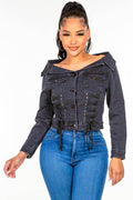 American Bazi Off Shoulder Lace Up Denim Jacket - Hovatok