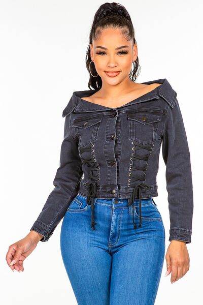 American Bazi Off Shoulder Lace Up Denim Jacket - Hovatok