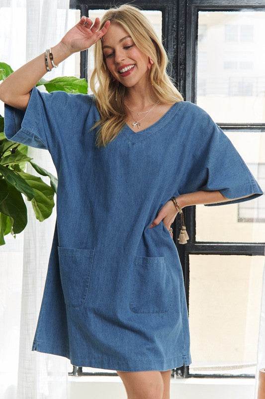ADORA V-Neck Half Sleeve Mini Denim Dress - Hovatok