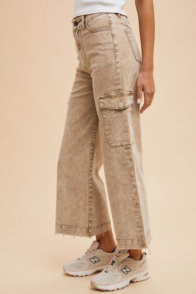 Annie Wear Raw Hem Wide Leg Jeans with Cargo Pockets - Hovatok