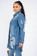 American Bazi Distressed Button Down Denim Shirt Jacket - Hovatok