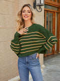 Round Neck Striped Lantern Sleeve Sweater - Hovatok