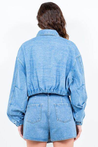 American Bazi Drawstring Waist Crop Denim Jacket - Hovatok