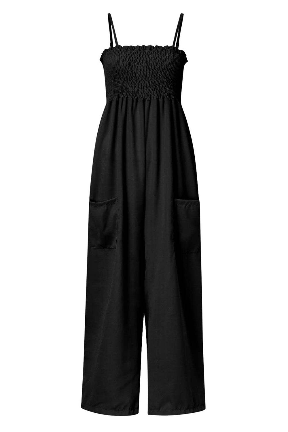 Smocked Spaghetti Strap Wide Leg Jumpsuit - Hovatok