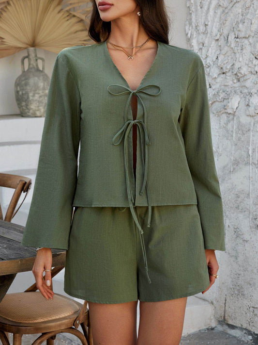 Devine Double Tied V-Neck Top and Shorts Set - Hovatok