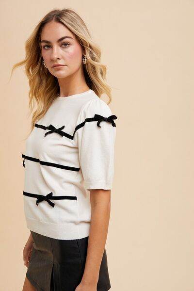 Annie Wear Striped Bow Round Neck Knit Top - Hovatok