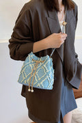 Chain Drawstring Raw Edge Denim Bucket Bag - Hovatok