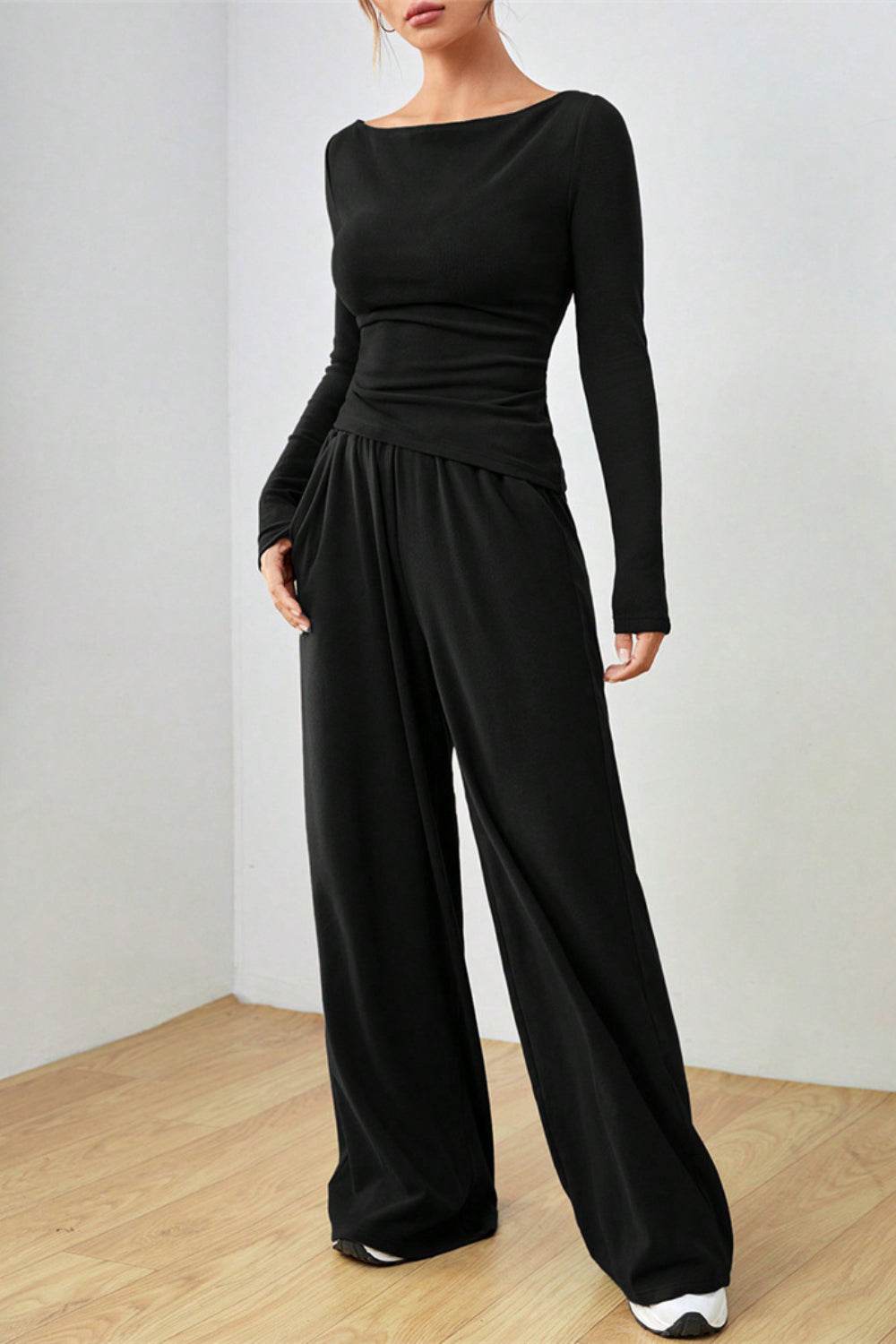 Boat Neck Long Sleeve Top and Pants Set - Hovatok