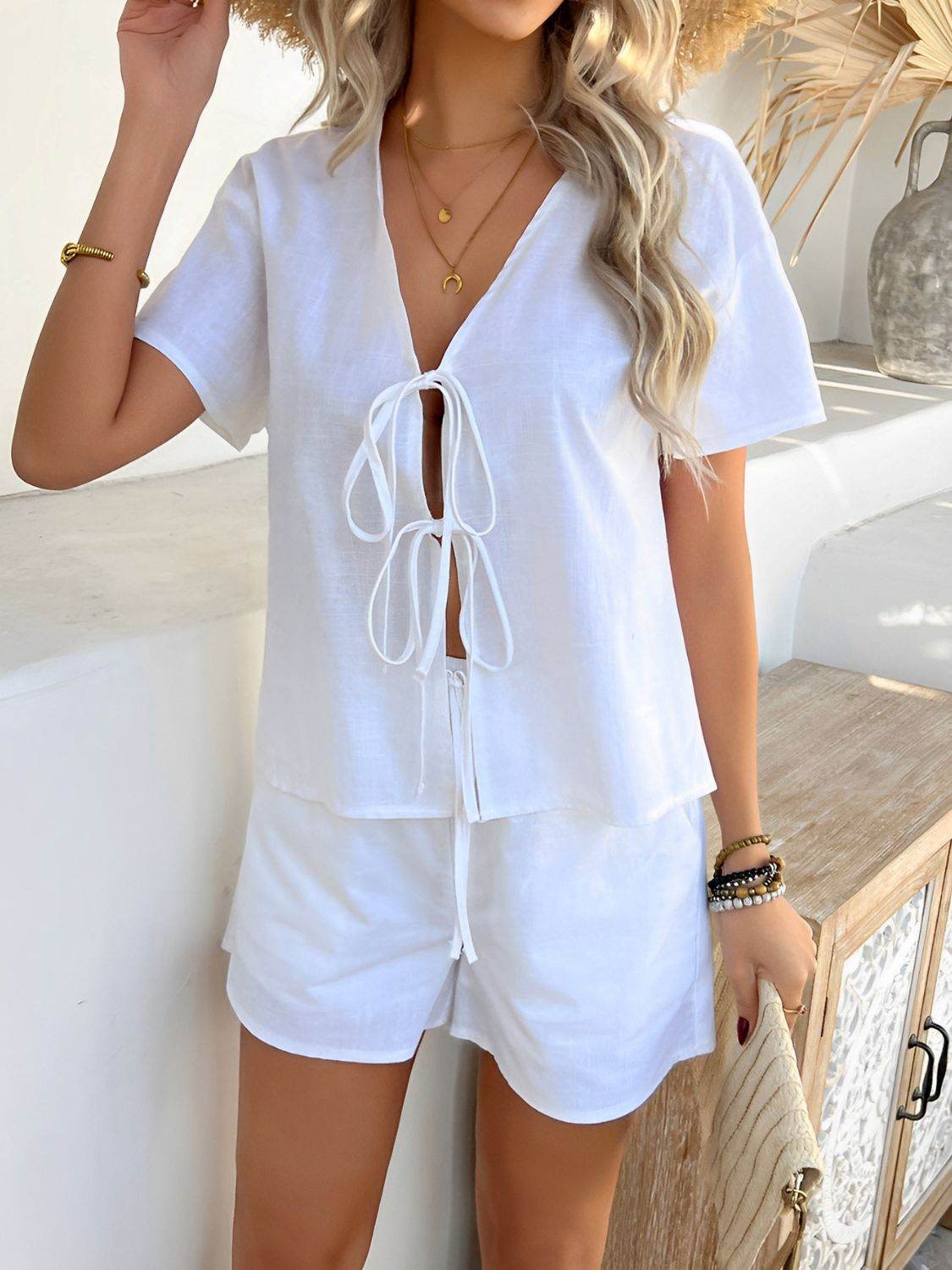 Devine Tied V-Neck Short Sleeve Top and Shorts Set - Hovatok