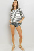 Ces Femme Side Slit Striped Round Neck Half Sleeve T-Shirt - Hovatok