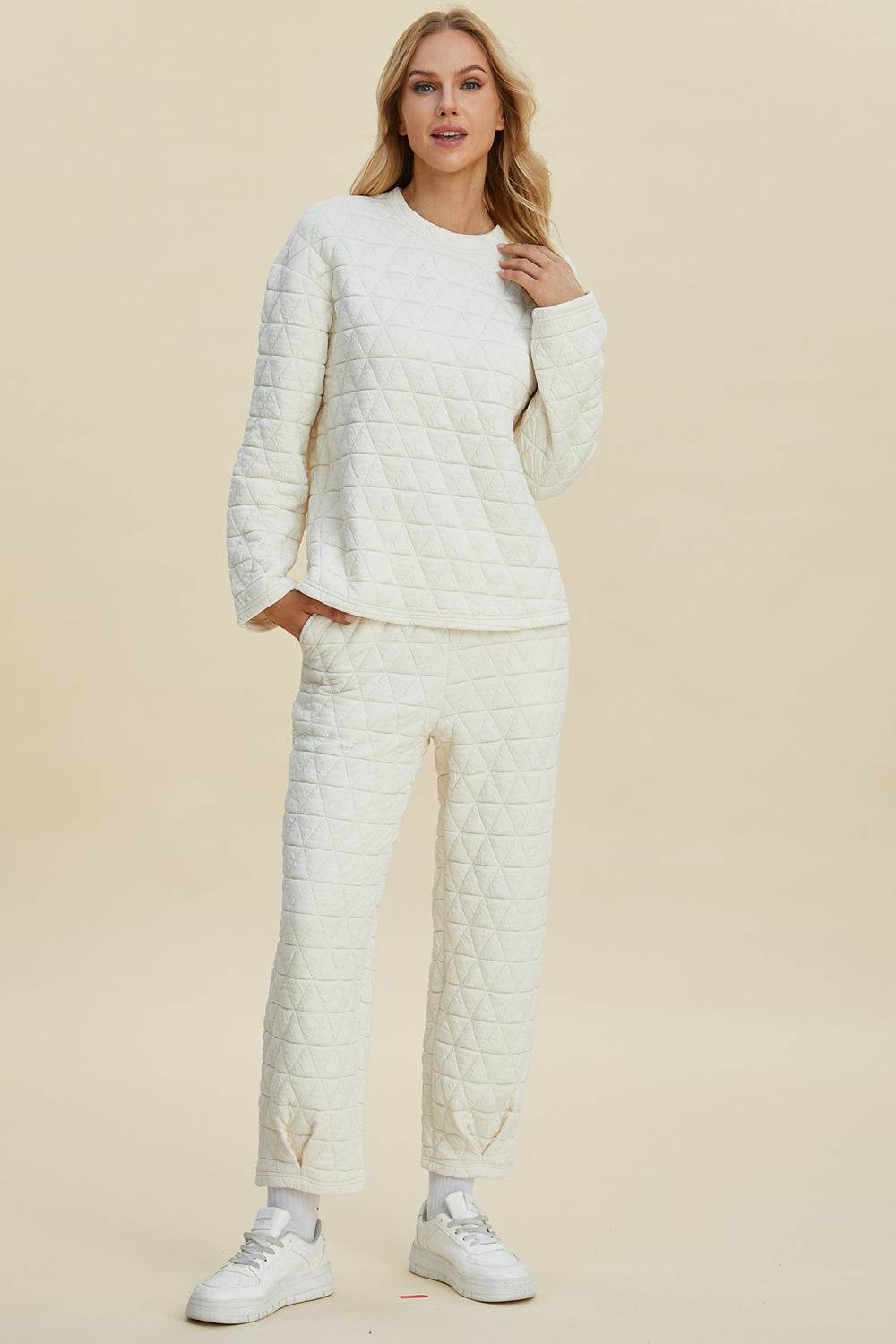 Double Take Full Size Texture Round Neck Long Sleeve Top and Pants Set - Hovatok