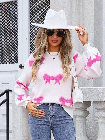 Angel Wings Bow Round Neck Dropped Shoulder Sweater - Hovatok