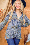 And The Why Print Twist Knot Long Sleeve Blouse - Hovatok
