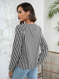 Striped Long Sleeve Notched Blouse - Hovatok